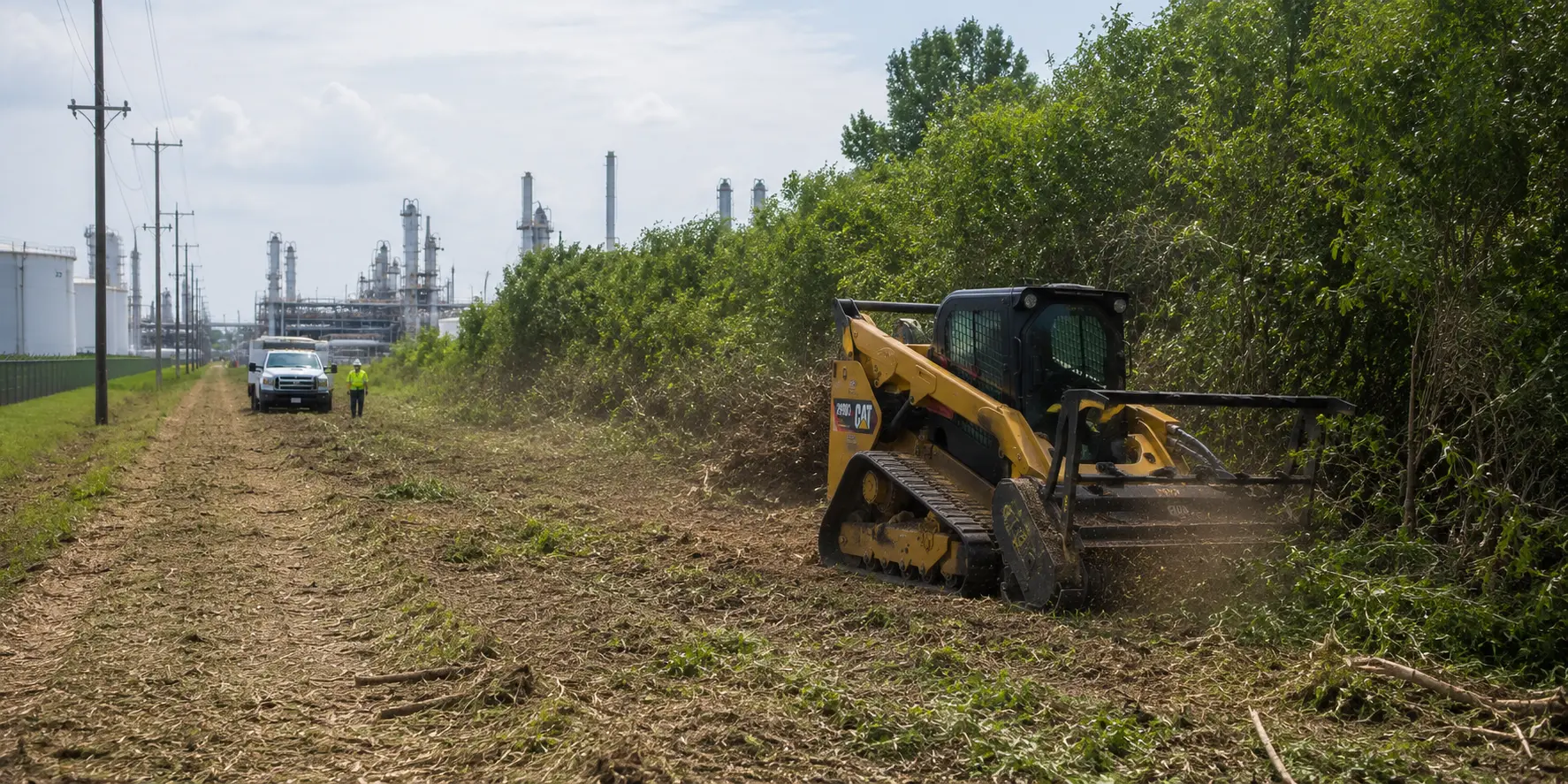 Industrial brush clearing and overgrowth removal along a refinery access corridor in Southeast Texas using heavy-duty land management equipment.