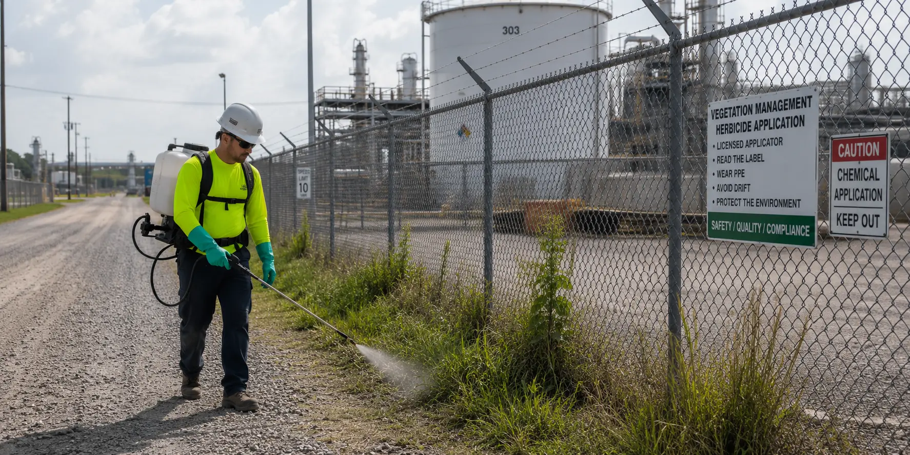 Texas Green Industries supervisor coordinating herbicide treatment and vegetation control operations at a Southeast Texas industrial refinery site.