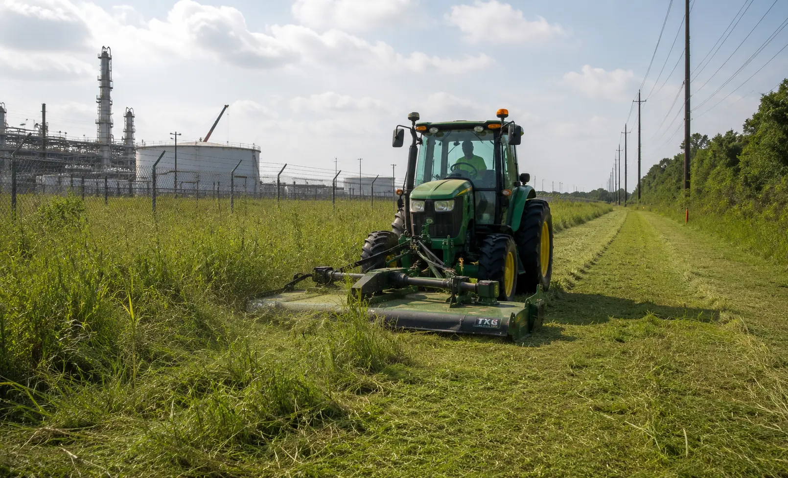 Commercial mowing and industrial site maintenance at a Southeast Texas refinery with controlled vegetation and maintained access roads.