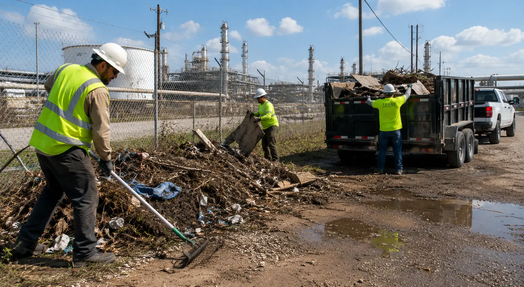 Industrial cleanup and debris removal services at a Southeast Texas refinery and commercial property with cleared access areas and maintained grounds.