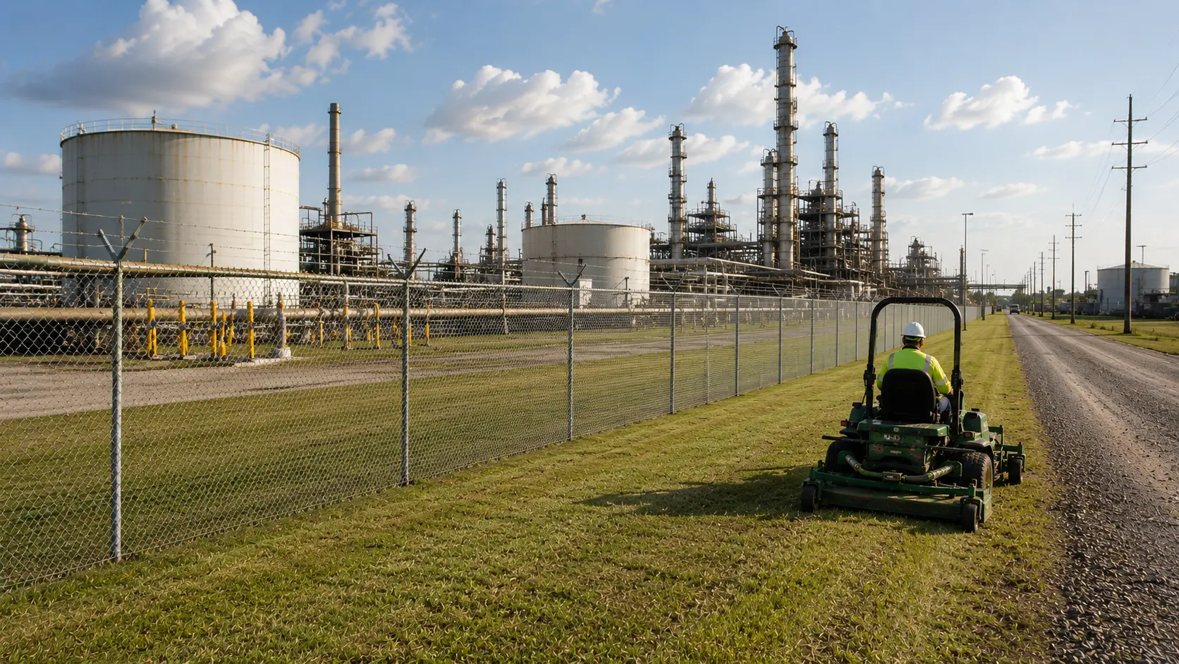 Commercial mowing and vegetation management at a Southeast Texas refinery with maintained fence lines, industrial infrastructure, and controlled vegetation.