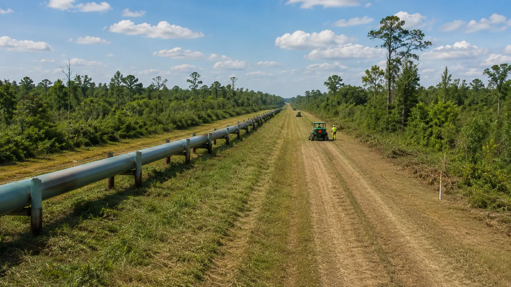 Pipeline right-of-way vegetation management in Southeast Texas with controlled vegetation, maintained access roads, and utility corridor mowing.